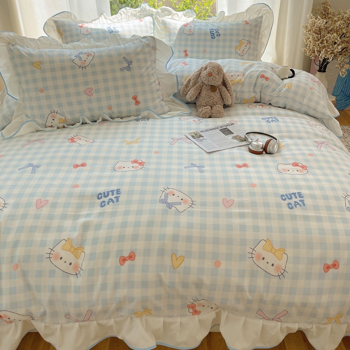 91家纺网 家纺一手货源 找家纺 桃心家居 2025新款A类云柔水洗棉花边四件套 水洗棉花边-蓝色兰格猫咪