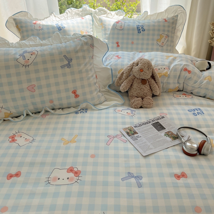 91家纺网 家纺一手货源 找家纺 桃心家居 2025新款A类云柔水洗棉花边四件套 水洗棉花边-蓝色兰格猫咪