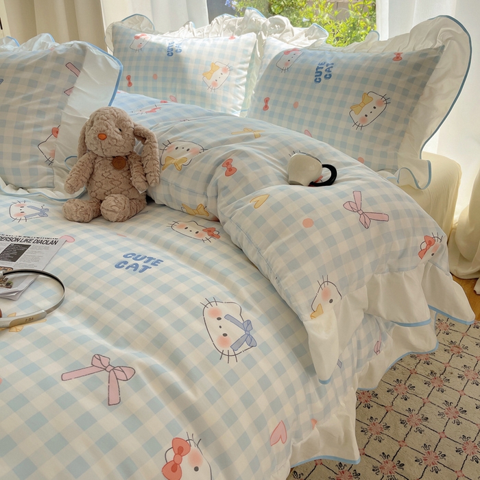 91家纺网 家纺一手货源 找家纺 桃心家居 2025新款A类云柔水洗棉花边四件套 水洗棉花边-蓝色兰格猫咪