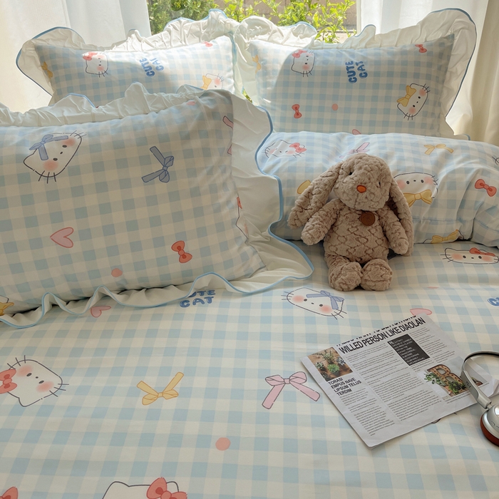 91家纺网 家纺一手货源 找家纺 桃心家居 2025新款A类云柔水洗棉花边四件套 水洗棉花边-蓝色兰格猫咪