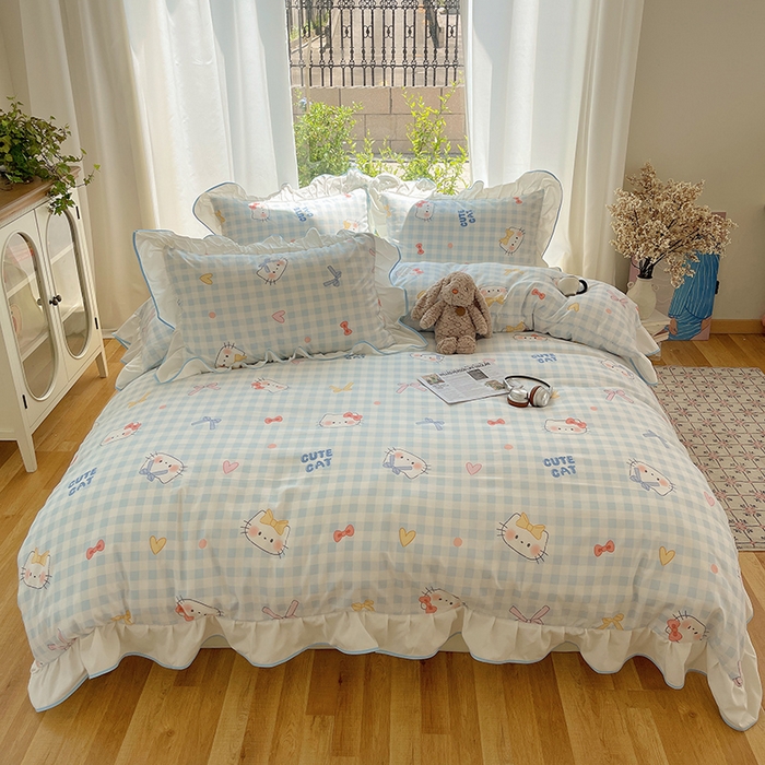 91家纺网 家纺一手货源 找家纺 桃心家居 2025新款A类云柔水洗棉花边四件套 水洗棉花边-蓝色兰格猫咪