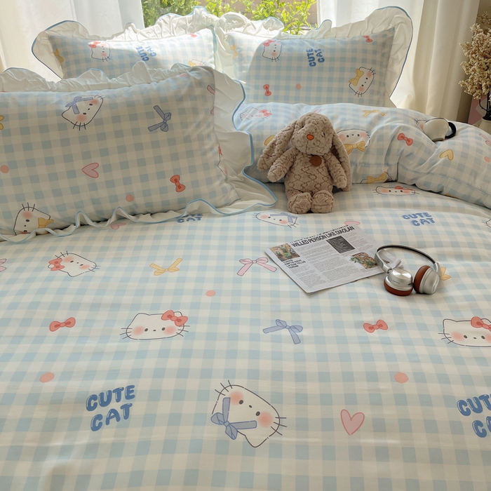 91家纺网 家纺一手货源 找家纺 桃心家居 2025新款A类云柔水洗棉花边四件套 水洗棉花边-蓝色兰格猫咪