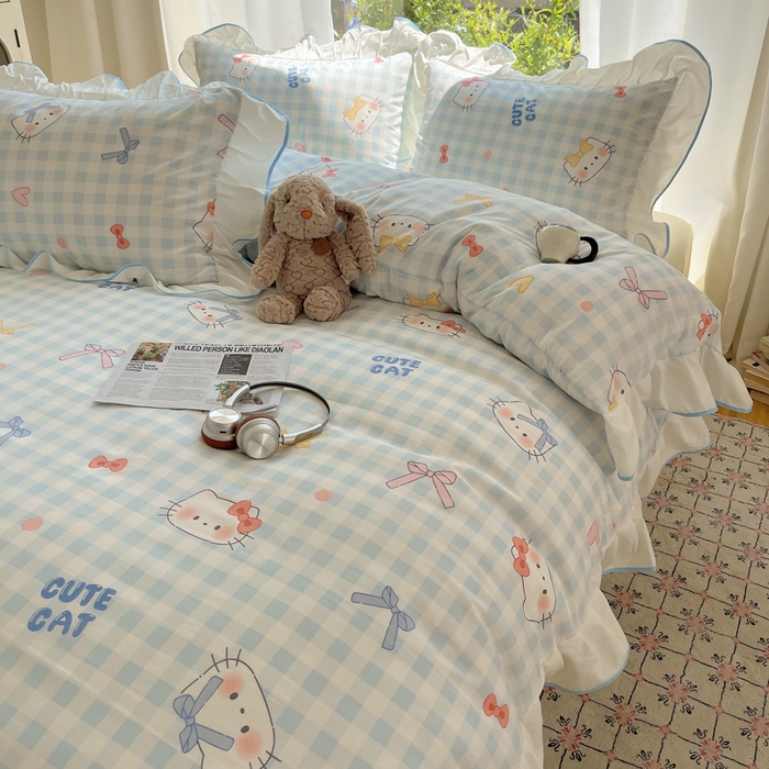 91家纺网 家纺一手货源 找家纺 桃心家居 2025新款A类云柔水洗棉花边四件套 水洗棉花边-蓝色兰格猫咪