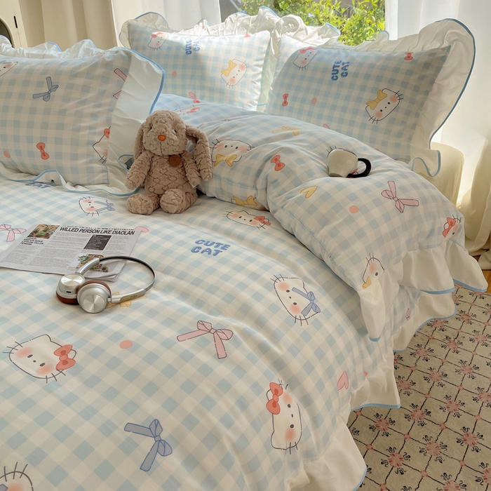 91家纺网 家纺一手货源 找家纺 桃心家居 2025新款A类云柔水洗棉花边四件套 水洗棉花边-蓝色兰格猫咪