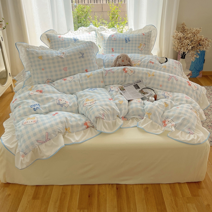 91家纺网 家纺一手货源 找家纺 桃心家居 2025新款A类云柔水洗棉花边四件套 水洗棉花边-蓝色兰格猫咪