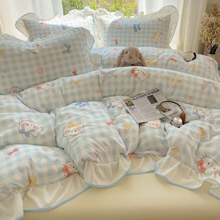 91家纺网 家纺一手货源 找家纺 桃心家居 2025新款A类云柔水洗棉花边四件套 水洗棉花边-蓝色兰格猫咪