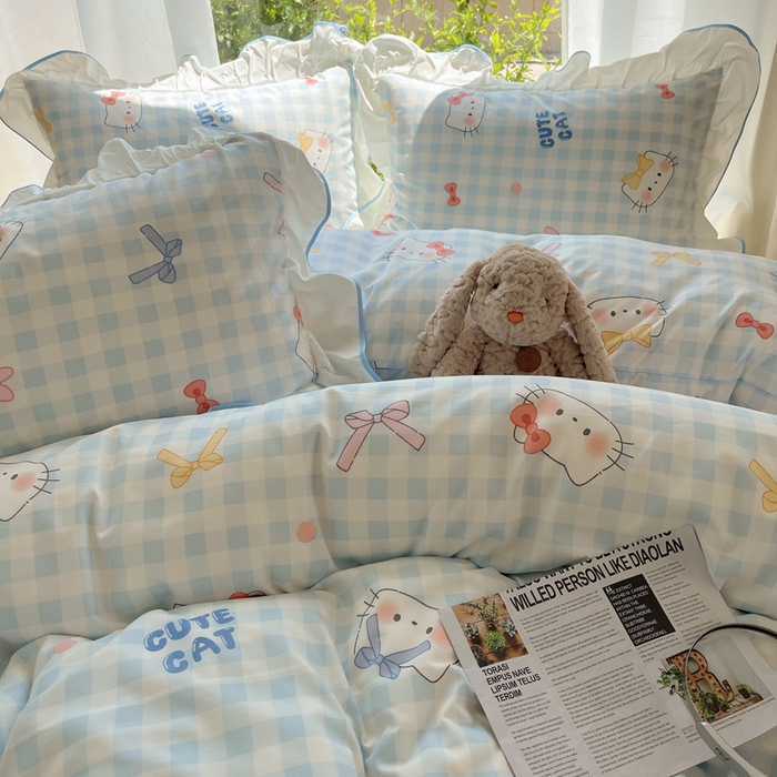 91家纺网 家纺一手货源 找家纺 桃心家居 2025新款A类云柔水洗棉花边四件套 水洗棉花边-蓝色兰格猫咪