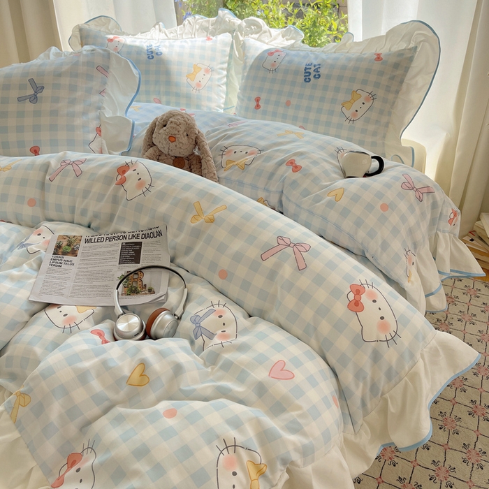 91家纺网 家纺一手货源 找家纺 桃心家居 2025新款A类云柔水洗棉花边四件套 水洗棉花边-蓝色兰格猫咪