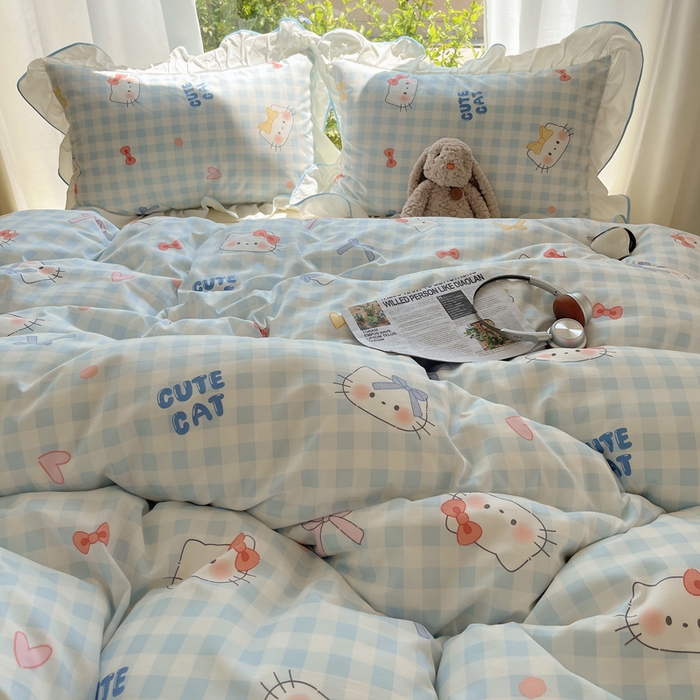 91家纺网 家纺一手货源 找家纺 桃心家居 2025新款A类云柔水洗棉花边四件套 水洗棉花边-蓝色兰格猫咪