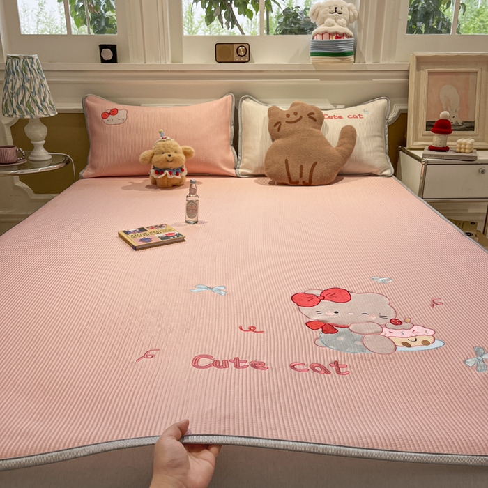 如一 2025春夏新款A类卡通刺绣PE中分子冰豆豆凉感软席凉席席子 床席款-可爱猫粉