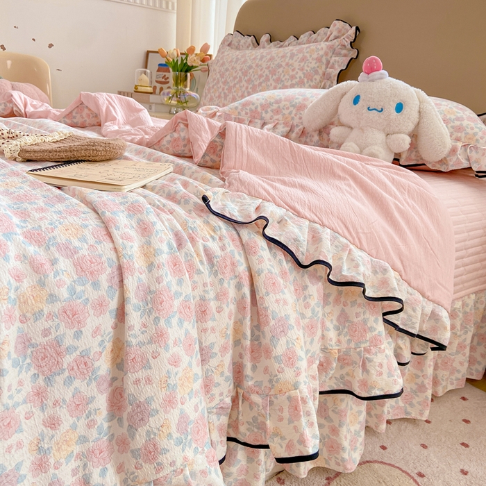 91家纺网 家纺一手货源 找家纺 （总）大麦家纺 2025年新款云感棉双层纱花边床盖夏被夏凉被空调被四件套