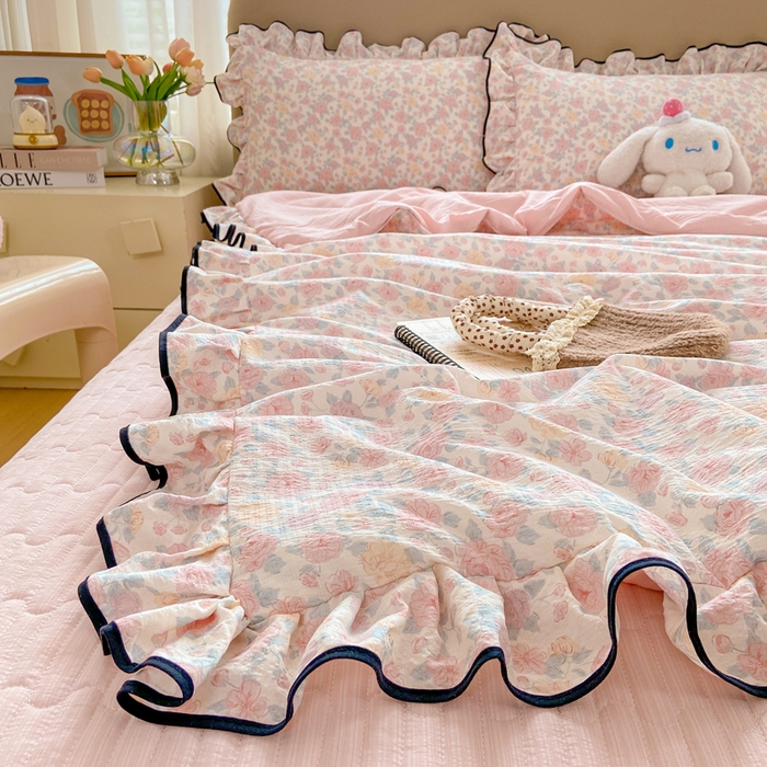 91家纺网 家纺一手货源 找家纺 （总）大麦家纺 2025年新款云感棉双层纱花边床盖夏被夏凉被空调被四件套