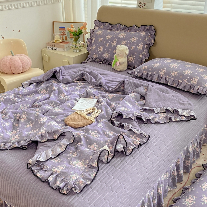 91家纺网 家纺一手货源 找家纺 大麦家纺 2025年新款云感棉双层纱花边床盖夏被夏凉被空调被四件套 豆蔻