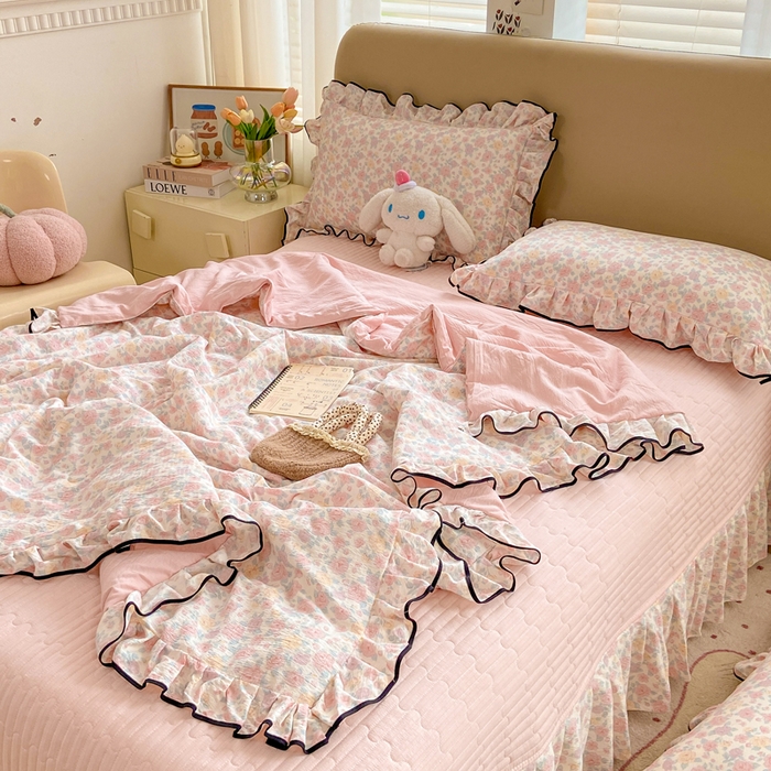 91家纺网 家纺一手货源 找家纺 （总）大麦家纺 2025年新款云感棉双层纱花边床盖夏被夏凉被空调被四件套