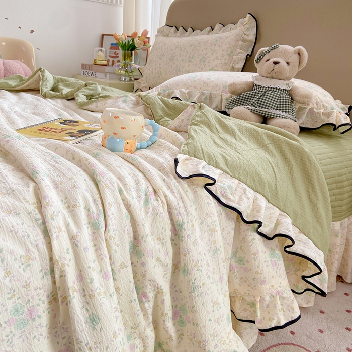 91家纺网 家纺一手货源 找家纺 大麦家纺 2025年新款云感棉双层纱花边床盖夏被夏凉被空调被四件套 薄荷微凉