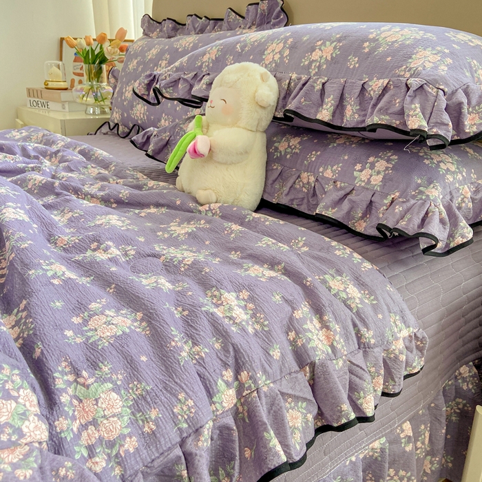 91家纺网 家纺一手货源 找家纺 大麦家纺 2025年新款云感棉双层纱花边床盖夏被夏凉被空调被四件套 豆蔻