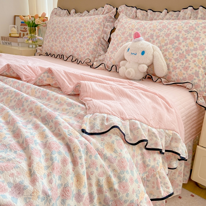 91家纺网 家纺一手货源 找家纺 （总）大麦家纺 2025年新款云感棉双层纱花边床盖夏被夏凉被空调被四件套