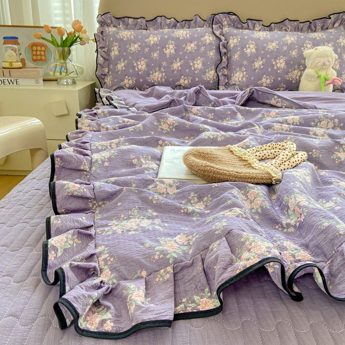 91家纺网 家纺一手货源 找家纺 大麦家纺 2025年新款云感棉双层纱花边床盖夏被夏凉被空调被四件套 豆蔻