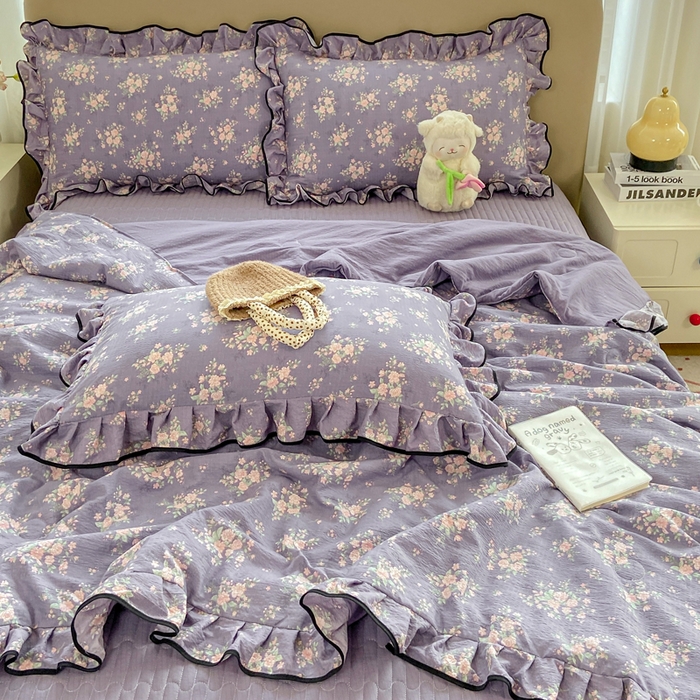 91家纺网 家纺一手货源 找家纺 大麦家纺 2025年新款云感棉双层纱花边床盖夏被夏凉被空调被四件套 豆蔻