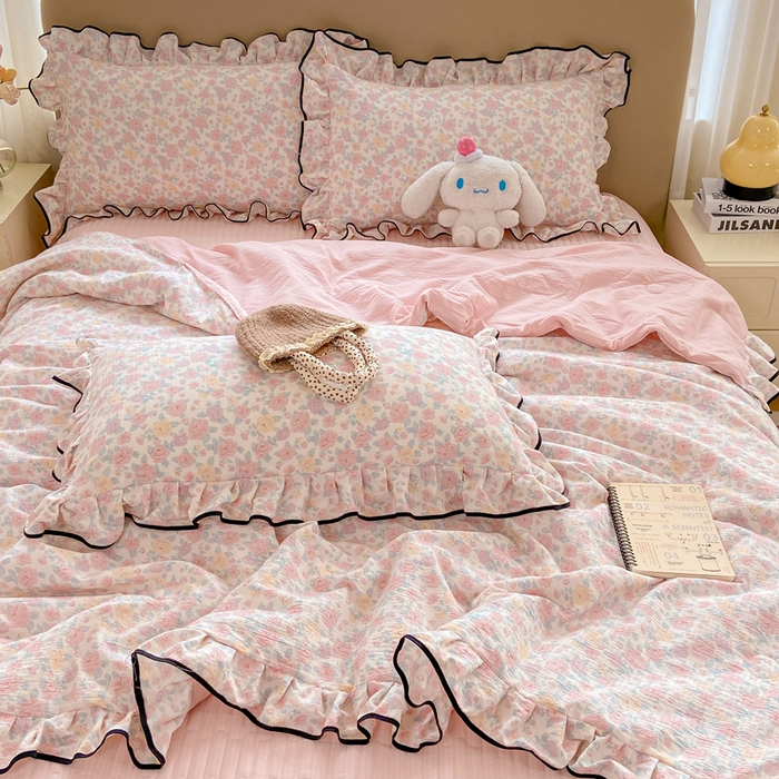 91家纺网 家纺一手货源 找家纺 （总）大麦家纺 2025年新款云感棉双层纱花边床盖夏被夏凉被空调被四件套