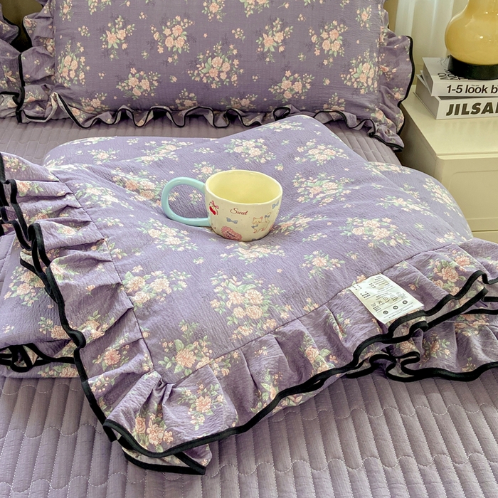 91家纺网 家纺一手货源 找家纺 大麦家纺 2025年新款云感棉双层纱花边床盖夏被夏凉被空调被四件套 豆蔻