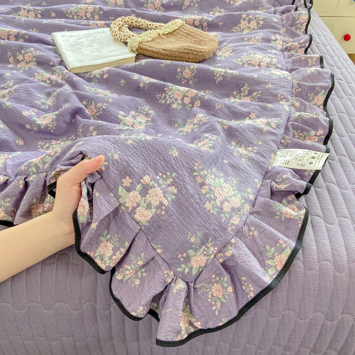 91家纺网 家纺一手货源 找家纺 大麦家纺 2025年新款云感棉双层纱花边床盖夏被夏凉被空调被四件套 豆蔻