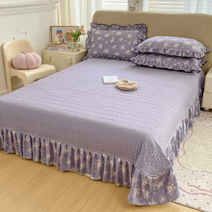 91家纺网 家纺一手货源 找家纺 大麦家纺 2025年新款云感棉双层纱花边床盖夏被夏凉被空调被四件套 豆蔻