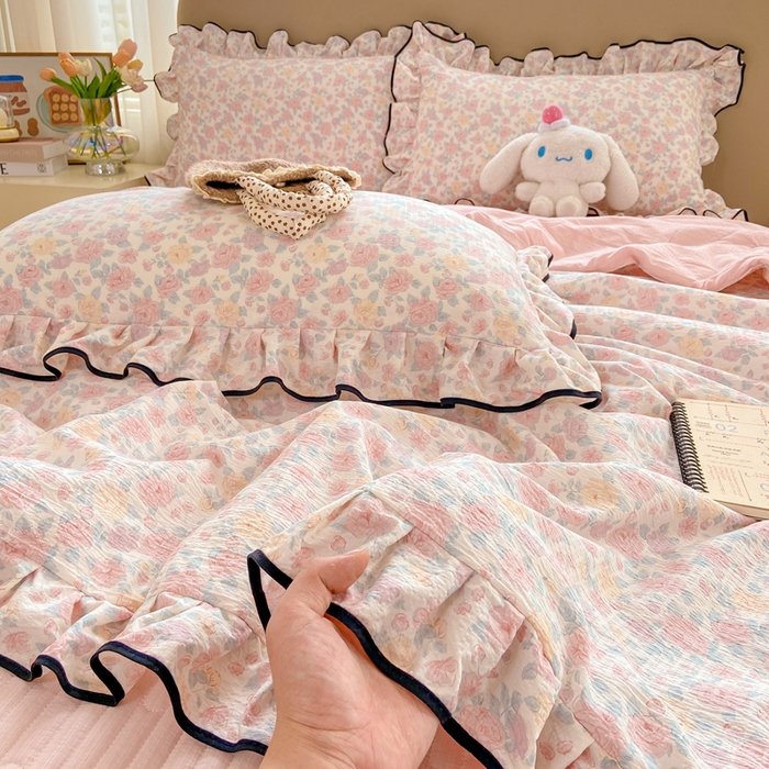 91家纺网 家纺一手货源 找家纺 （总）大麦家纺 2025年新款云感棉双层纱花边床盖夏被夏凉被空调被四件套