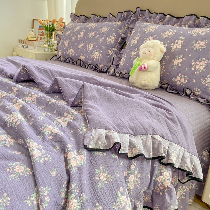 91家纺网 家纺一手货源 找家纺 大麦家纺 2025年新款云感棉双层纱花边床盖夏被夏凉被空调被四件套 豆蔻