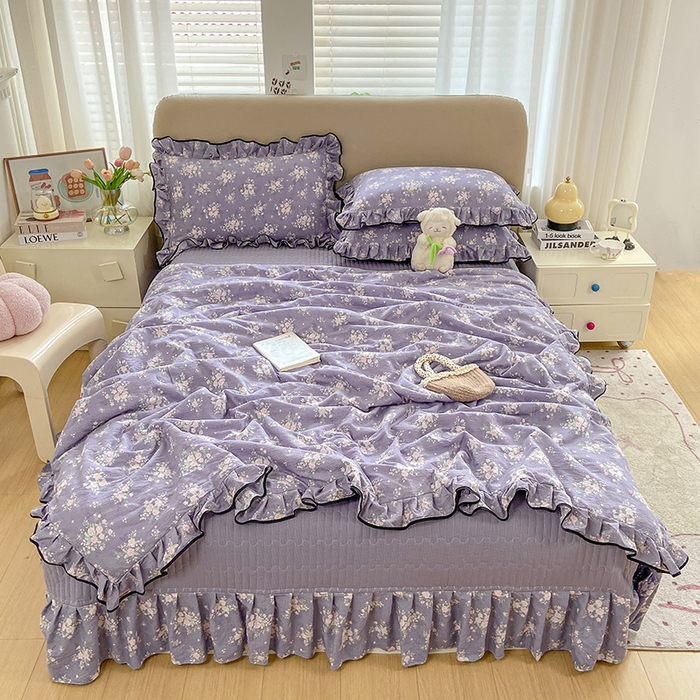 91家纺网 家纺一手货源 找家纺 大麦家纺 2025年新款云感棉双层纱花边床盖夏被夏凉被空调被四件套 豆蔻