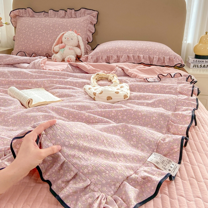 大麦家纺 2025年新款云感棉双层纱花边床盖夏被夏凉被空调被四件套 繁花