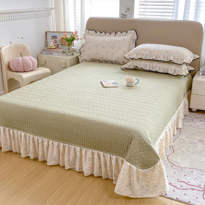 91家纺网 家纺一手货源 找家纺 大麦家纺 2025年新款云感棉双层纱花边床盖夏被夏凉被空调被四件套 薄荷微凉