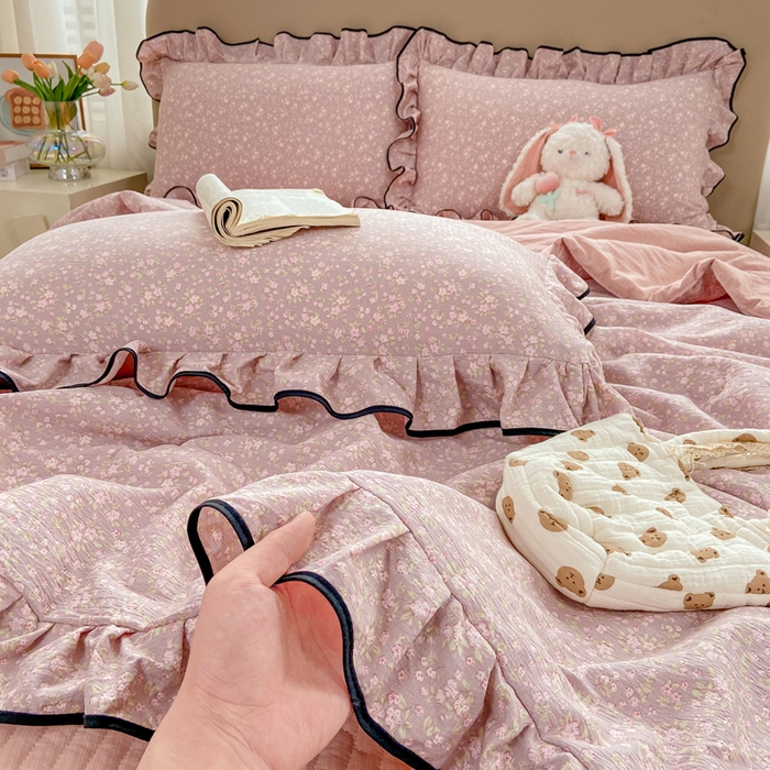 91家纺网 家纺一手货源 找家纺 大麦家纺 2025年新款云感棉双层纱花边床盖夏被夏凉被空调被四件套 繁花