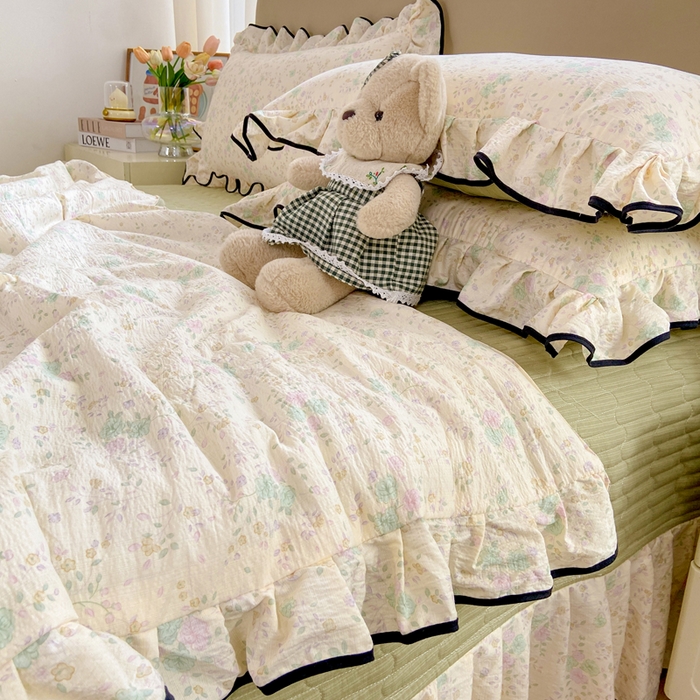 91家纺网 家纺一手货源 找家纺 大麦家纺 2025年新款云感棉双层纱花边床盖夏被夏凉被空调被四件套 薄荷微凉