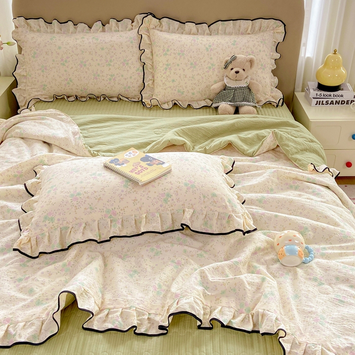 91家纺网 家纺一手货源 找家纺 大麦家纺 2025年新款云感棉双层纱花边床盖夏被夏凉被空调被四件套 薄荷微凉