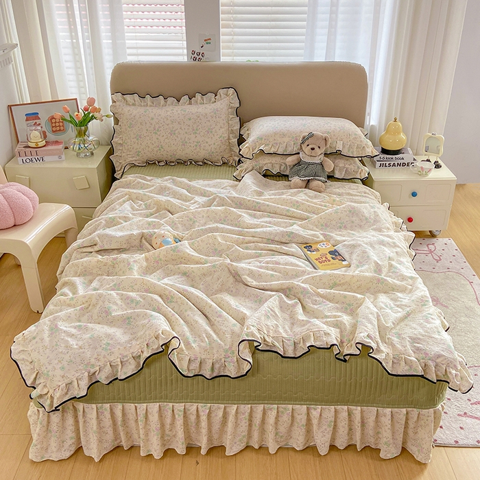 91家纺网 家纺一手货源 找家纺 大麦家纺 2025年新款云感棉双层纱花边床盖夏被夏凉被空调被四件套 薄荷微凉