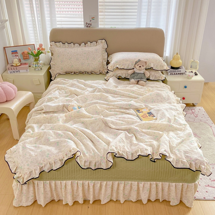 91家纺网 家纺一手货源 找家纺 大麦家纺 2025年新款云感棉双层纱花边床盖夏被夏凉被空调被四件套 薄荷微凉