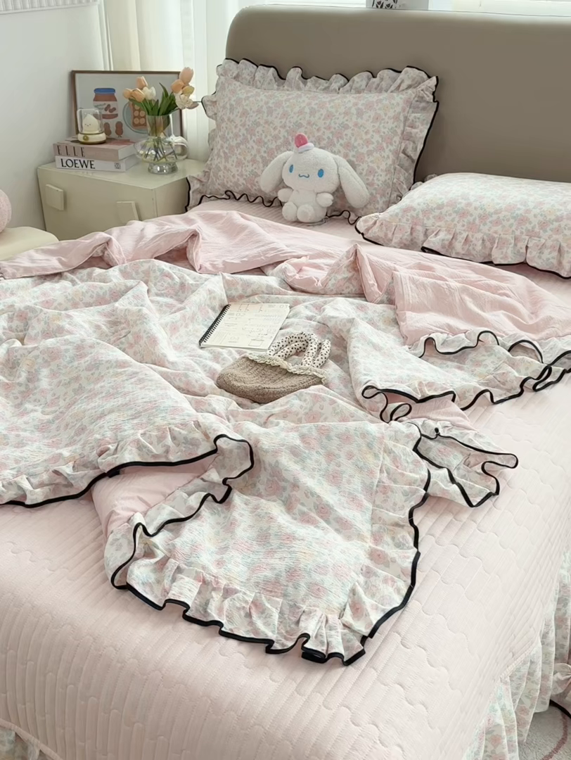 91家纺网 家纺一手货源 找家纺 （总）大麦家纺 2025年新款云感棉双层纱花边床盖夏被夏凉被空调被四件套