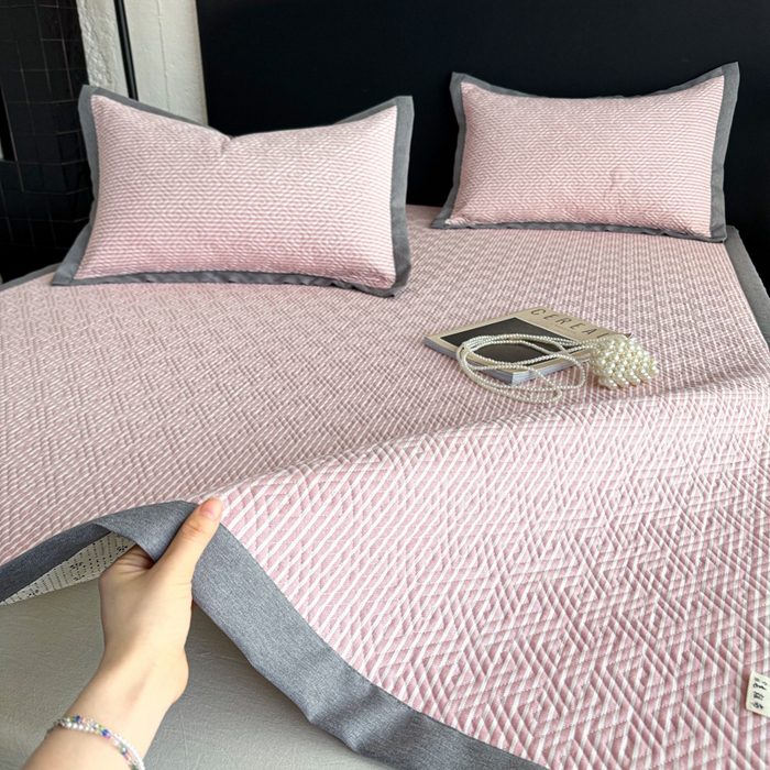 简宜家居（朝初家纺） 2025春夏新款全棉纯棉老粗布床单绗缝凉席席子 床褥 薄垫子 一席多用 条纹-粉桃