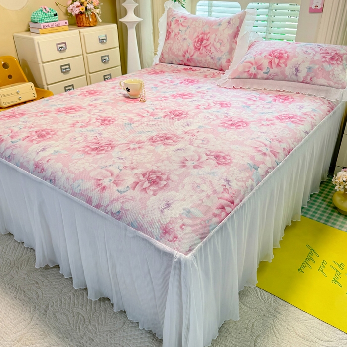 逸尚阁 2025新款印花冰藤床裙凉席三件套 花团簇簇