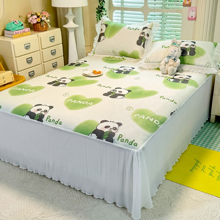 91家纺网 家纺一手货源 找家纺 逸尚阁 2025新款印花冰藤床裙凉席三件套 绿心熊猫