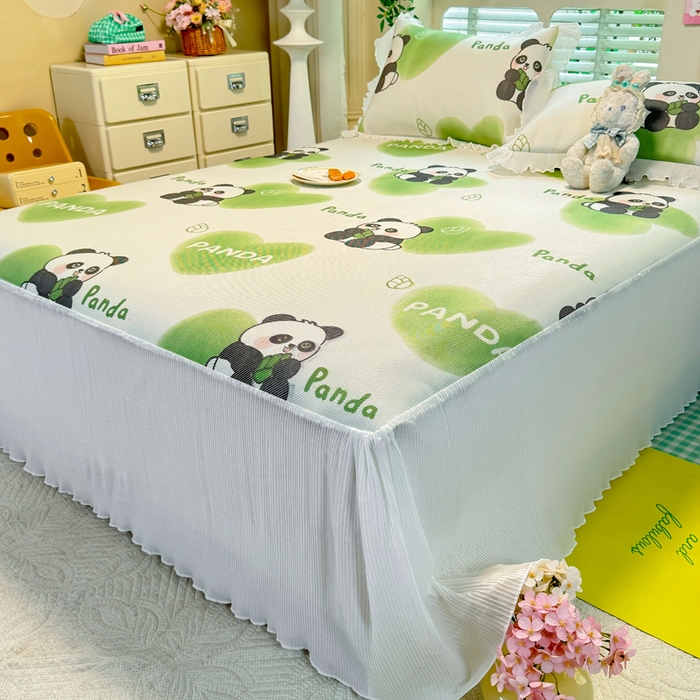 91家纺网 家纺一手货源 找家纺 逸尚阁 2025新款印花冰藤床裙凉席三件套 绿心熊猫