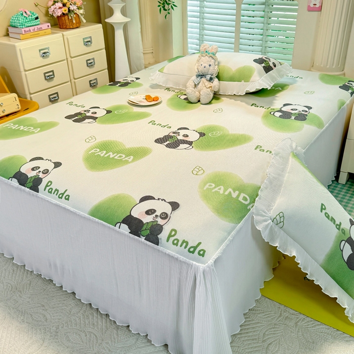 91家纺网 家纺一手货源 找家纺 逸尚阁 2025新款印花冰藤床裙凉席三件套 绿心熊猫