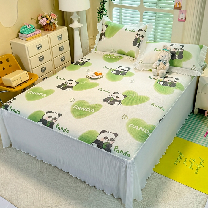 91家纺网 家纺一手货源 找家纺 逸尚阁 2025新款印花冰藤床裙凉席三件套 绿心熊猫