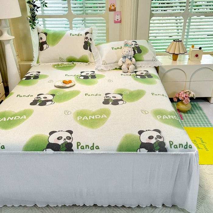 91家纺网 家纺一手货源 找家纺 逸尚阁 2025新款印花冰藤床裙凉席三件套 绿心熊猫