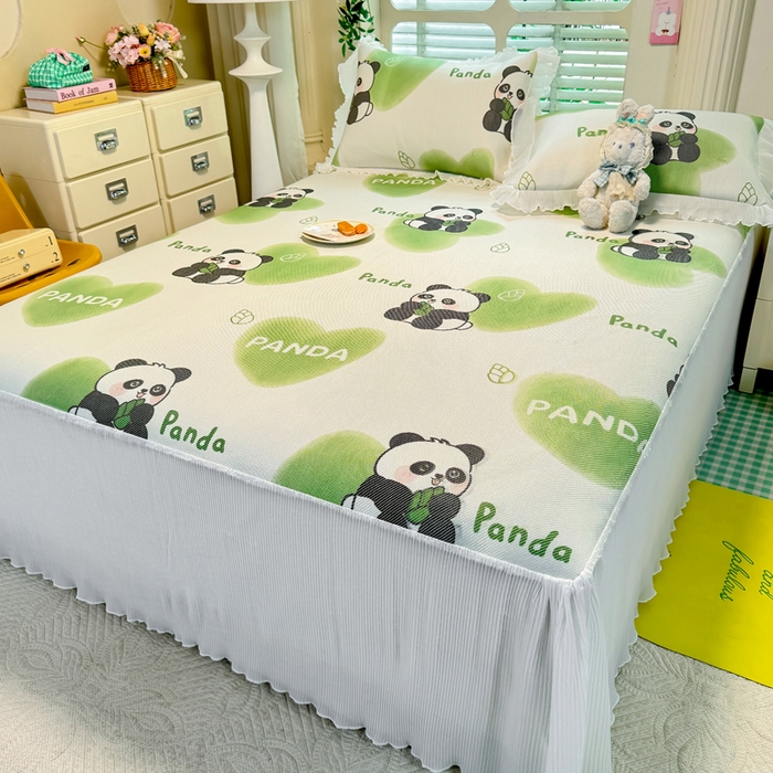 91家纺网 家纺一手货源 找家纺 逸尚阁 2025新款印花冰藤床裙凉席三件套 绿心熊猫