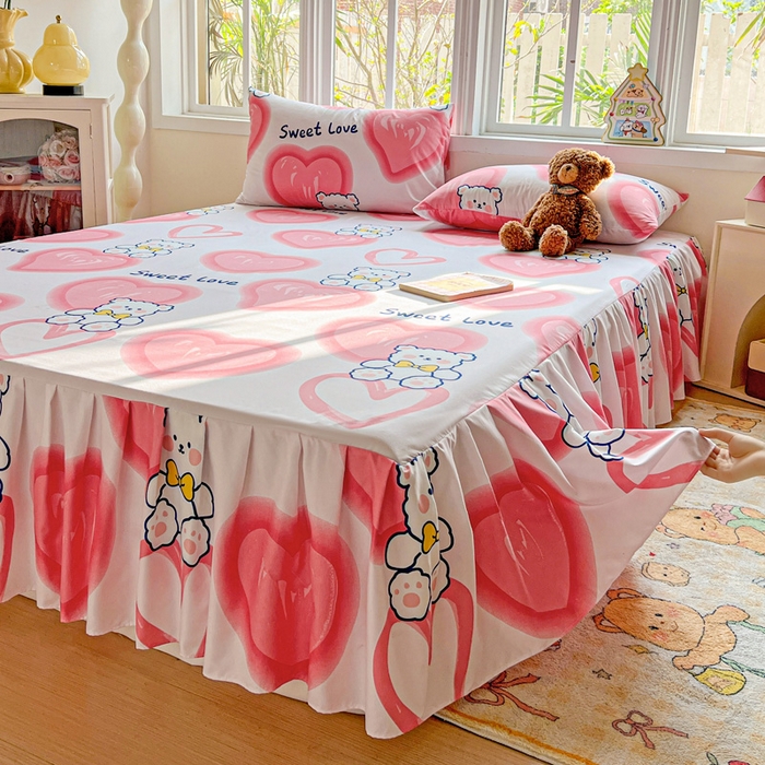 91家纺网 家纺一手货源 找家纺 极梦家纺 2025新款磨毛印花床裙三件套（支持定制） （总链接二） 粉心熊