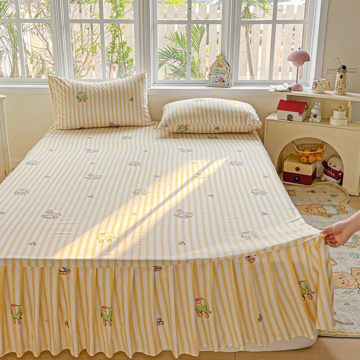 91家纺网 家纺一手货源 找家纺 极梦家纺 2025新款磨毛印花床裙三件套（支持定制） （总链接二） 黄条小象