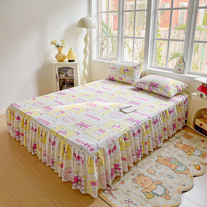 91家纺网 家纺一手货源 找家纺 极梦家纺 2025新款磨毛印花床裙三件套（支持定制） （总链接二） 甜橙气泡