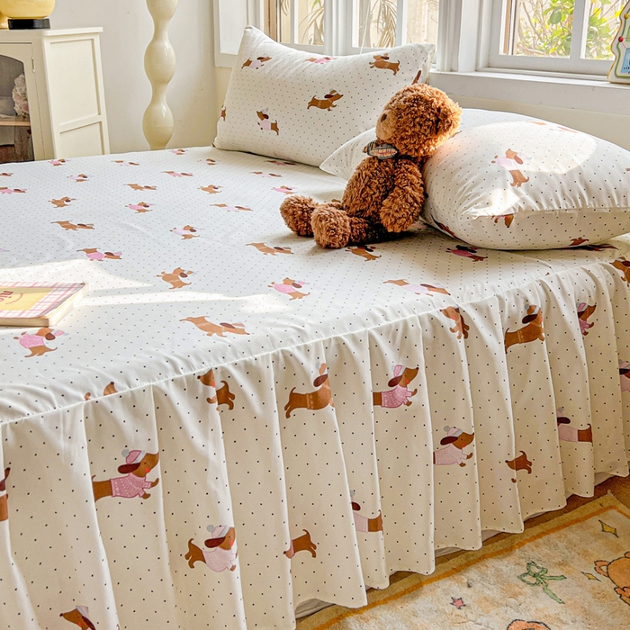 91家纺网 家纺一手货源 找家纺 极梦家纺 2025新款磨毛印花床裙三件套（支持定制） （总链接二） 香肠狗